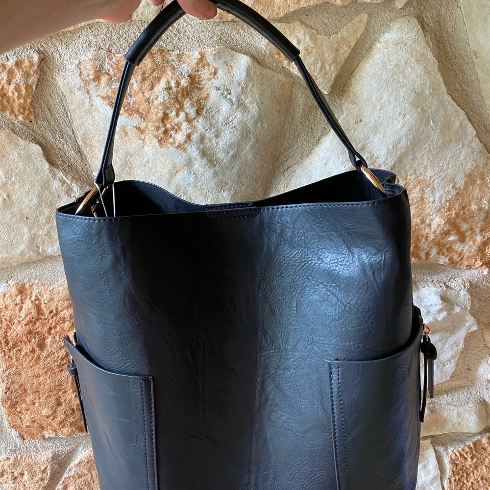 Anthropologie 2 in 1 Vegan Bucket Bag  in BLACK - Picture 9 of 9